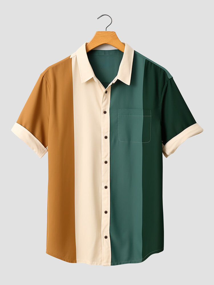 Camisas casuales de manga corta con bolsillo en el pecho y patchwork de bloques de color para hombre