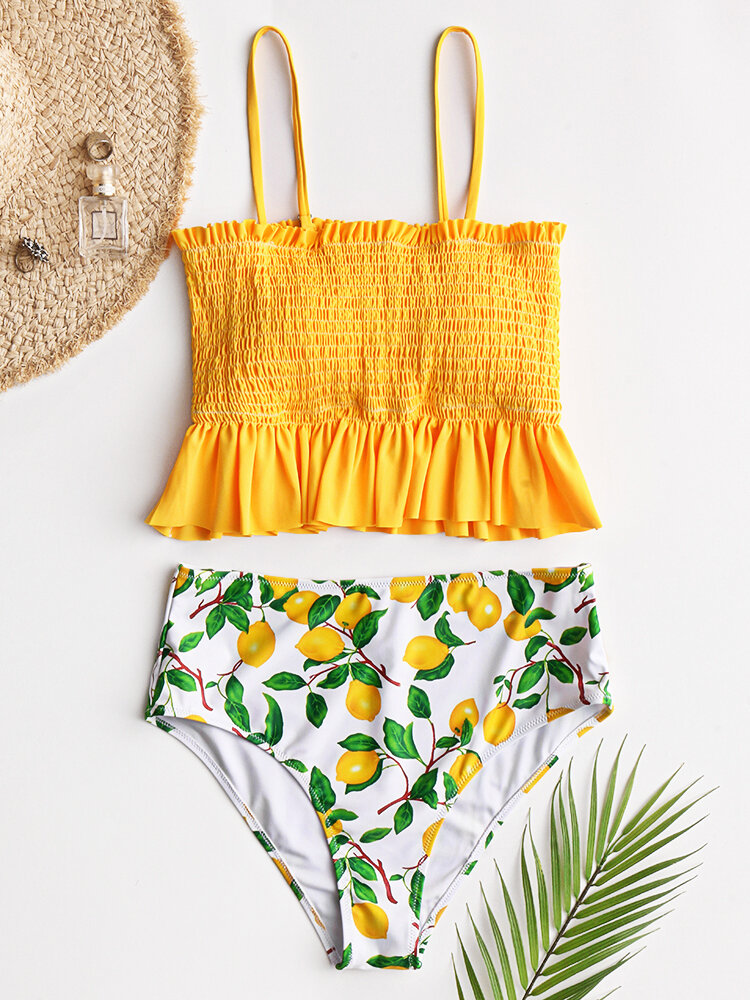 Women Bandeau Bikinis Sets High Waist Swimsuits With Lemon Print Panty