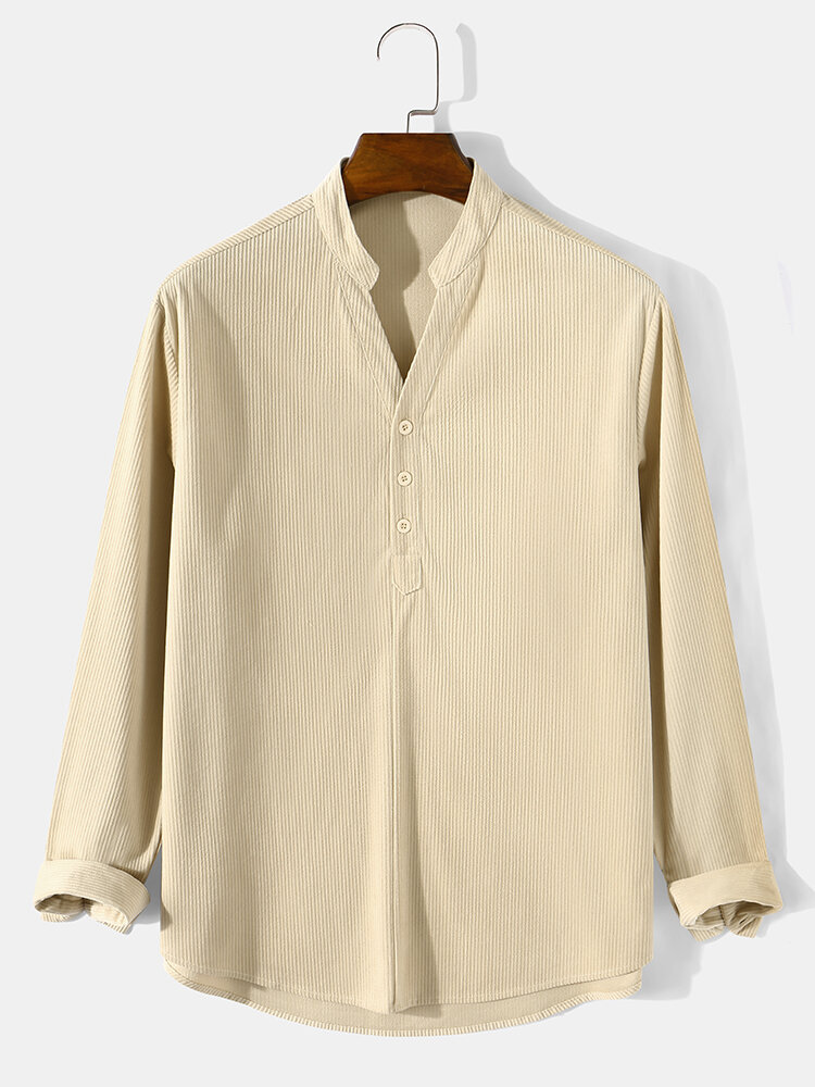 

Mens Pure Color Half Button Corduroy Long Sleeve Henley Shirts, Apricot