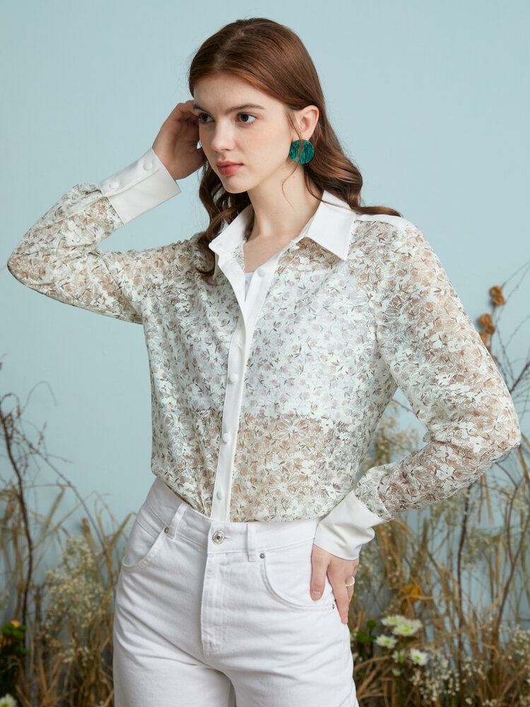 Floral Print See Through Button Lapel Long Sleeve Shirt