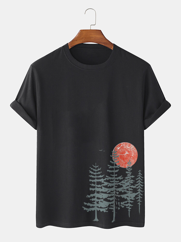 Mens Forest & Sun Landscape Print 100% Cotton Short Sleeve T-Shirts