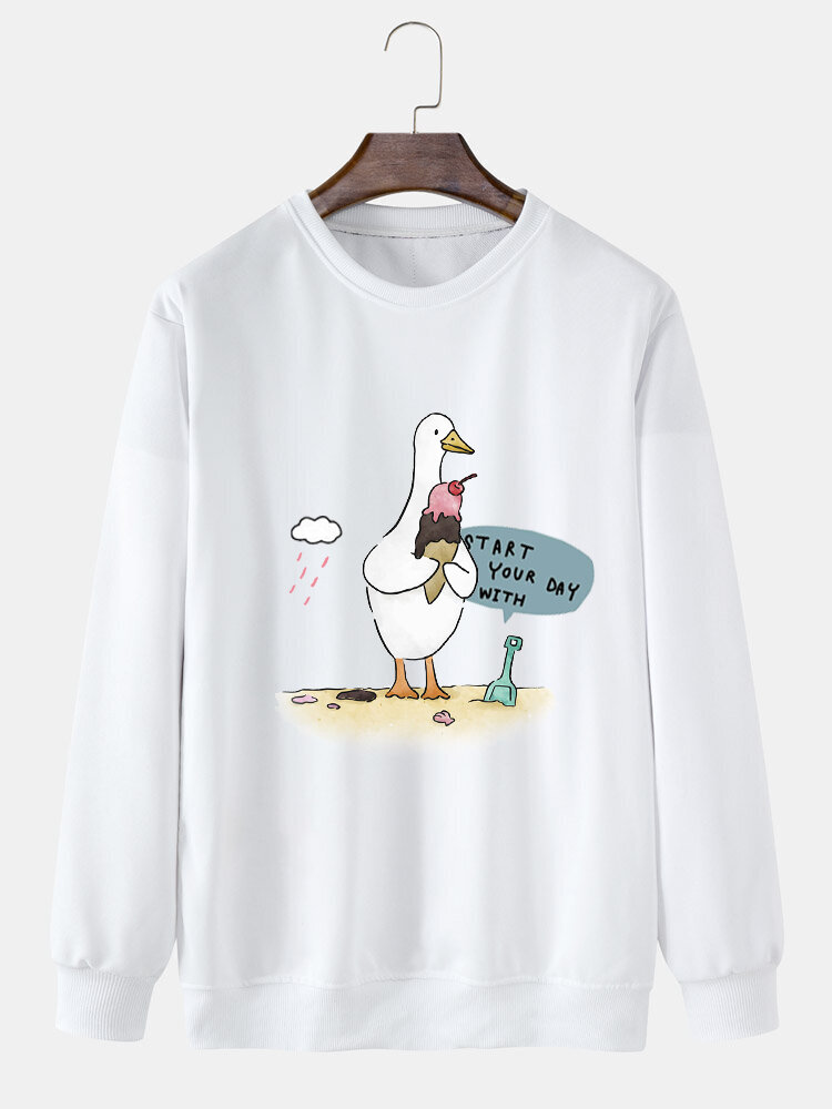 Mens Cartoon Duck Print Crew Neck Loose Pullover Sweatshirts