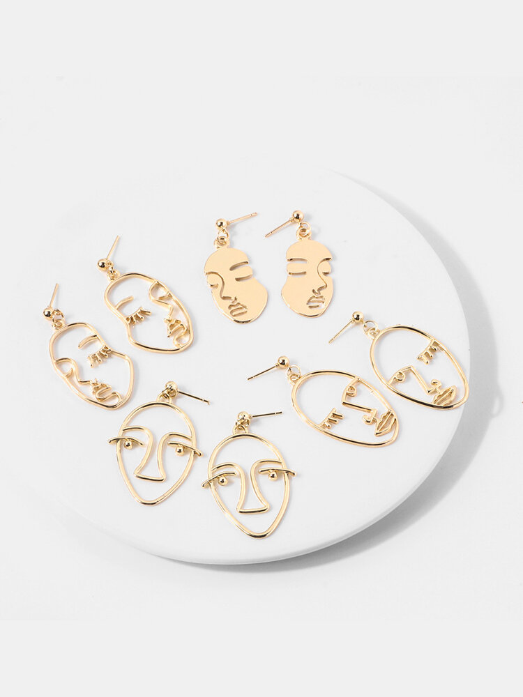 4 PCS Punk Human Face Earrings Hollow Abstract Face Pendant Earrings