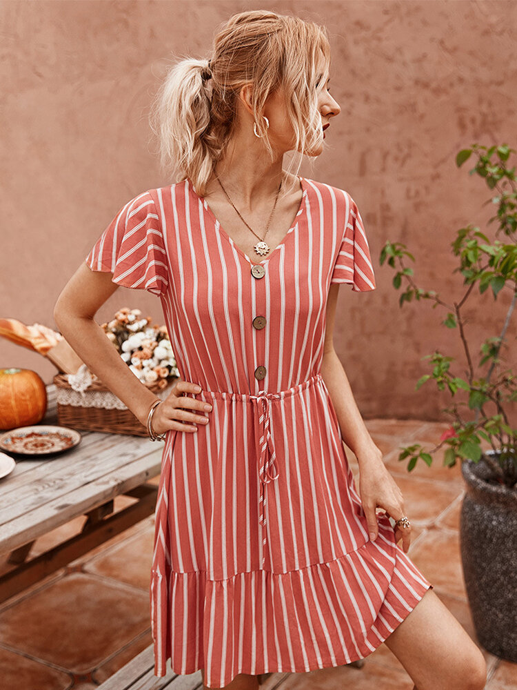 Striped  Print Ruffled Sleeves V-neck Button Casual Dress For Women