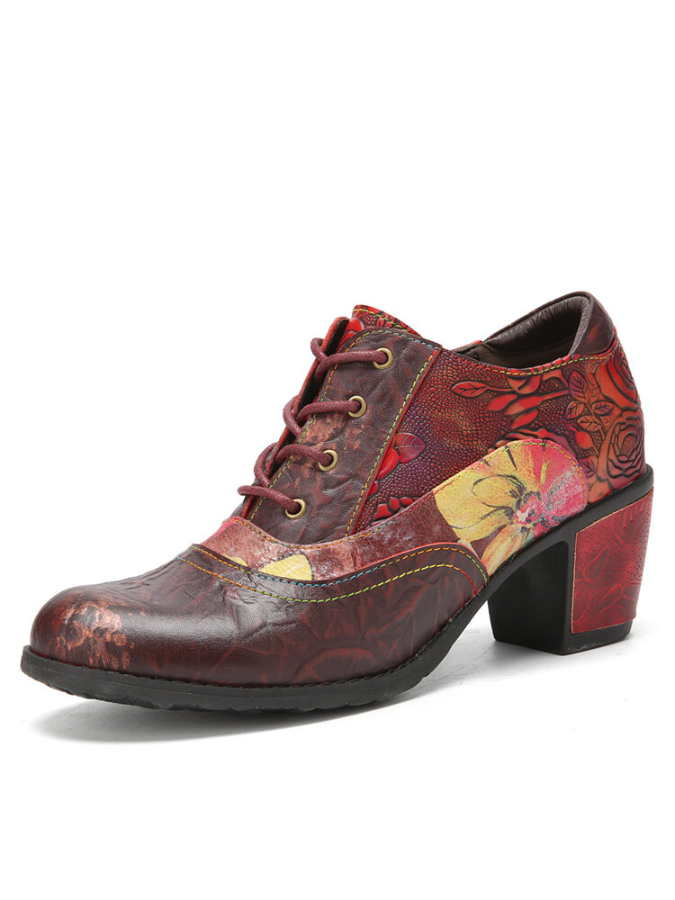 Socofy Genuine Leather Retro Floral Lace-up Comfy Round Toe Oxfords Heels