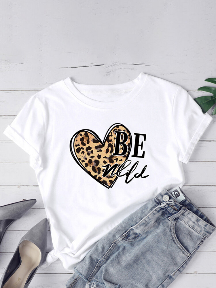 Leopard Heart Print Short Sleeve Plus Size Cotton T-shirt