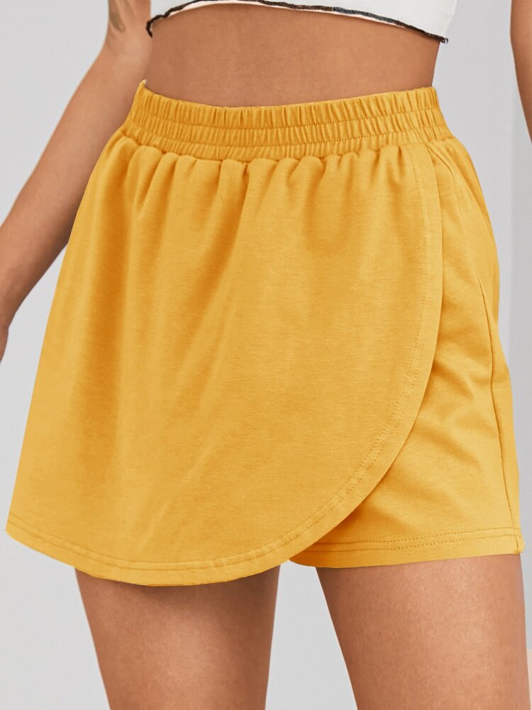 Solid Color Stitching Hem Elastic Waist Casual Shorts For Wmen