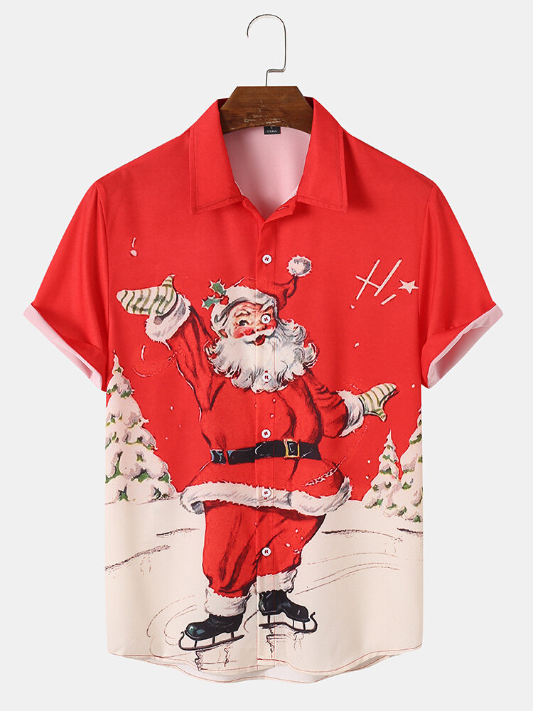 Mens Christmas Tree Santa Print Button Front Holiday Short Sleeve Shirts