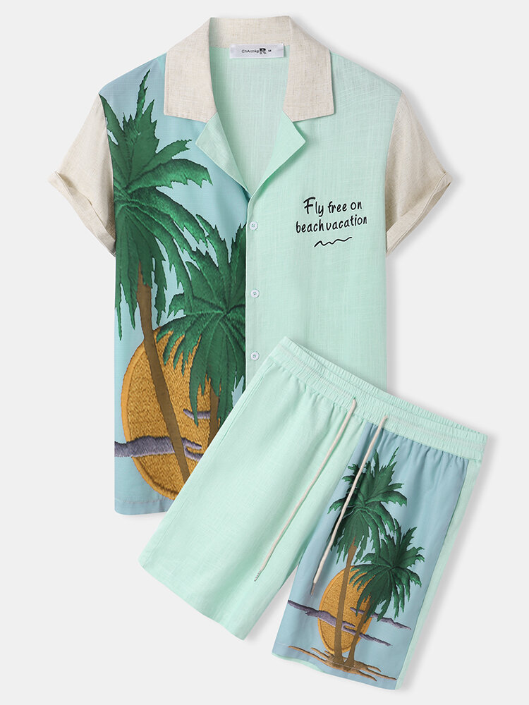 Mens Coconut Tree Slogan Print Cotton Linen Holiday Two Pieces Outfits