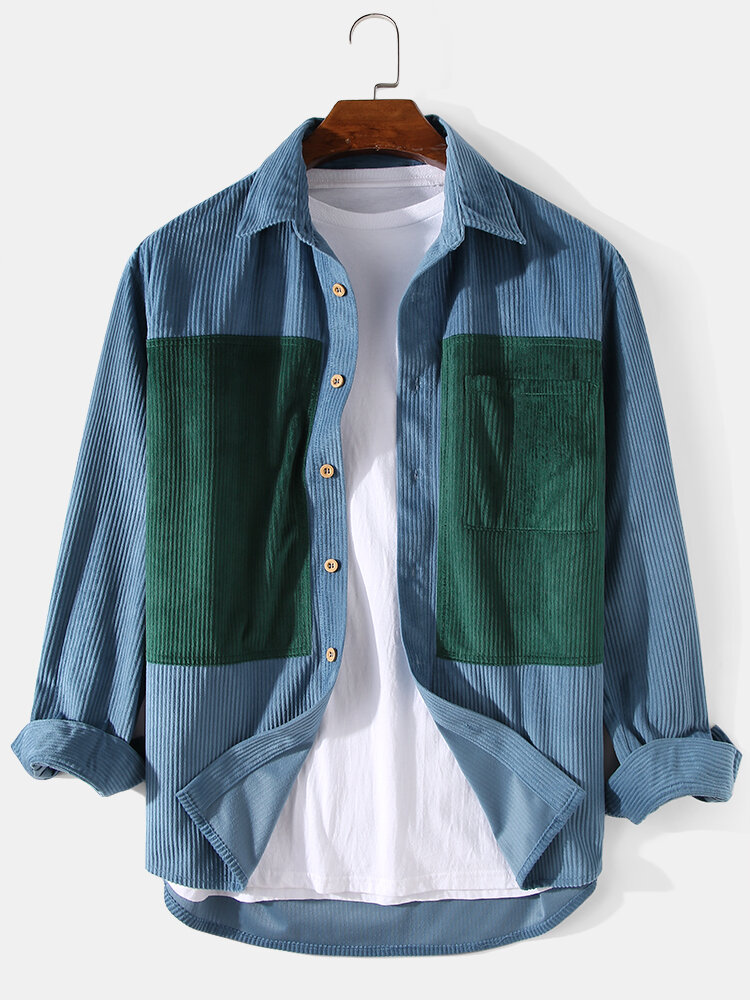 

Mens Colorblock Patchwork Corduroy Lapel Casual Long Sleeve Shirts, Blue;army green