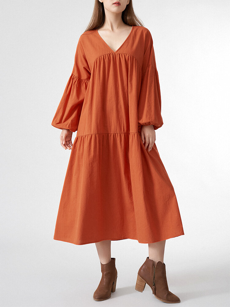 Einfarbig V-Ausschnitt Locker Lässig Langarm Damen Kleid