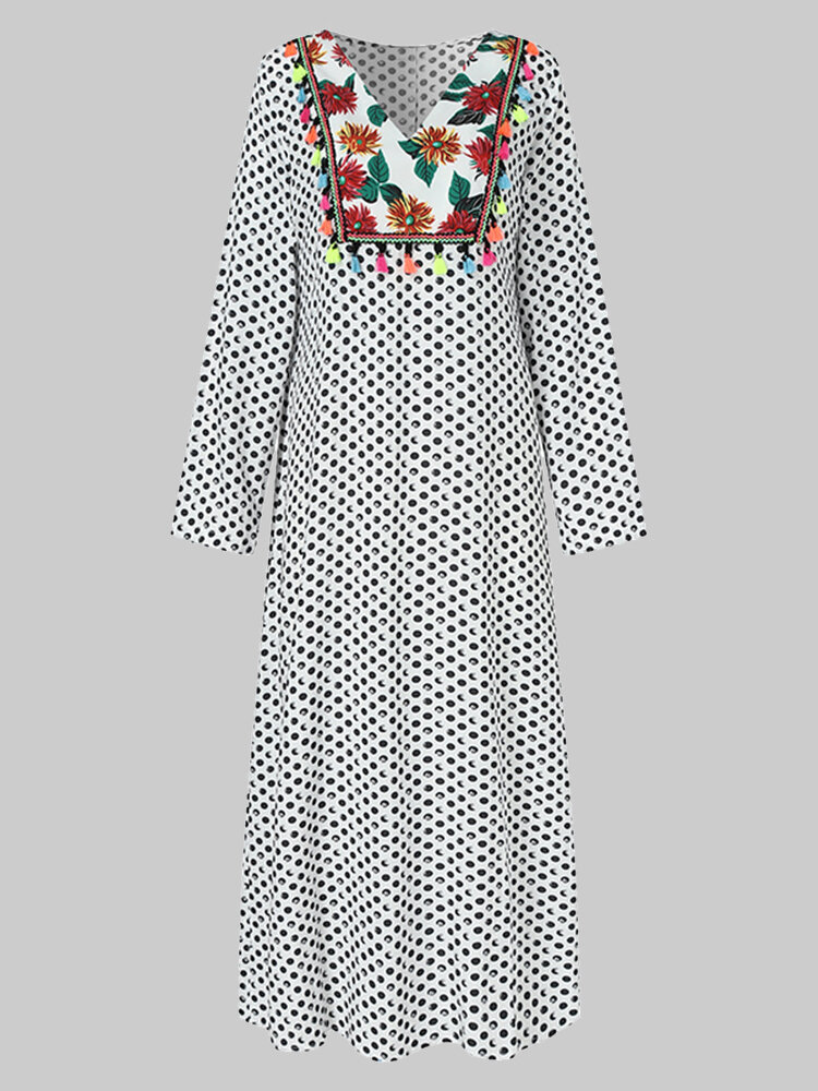 Floral Dots Print Tassel Patchwork V-neck Long Sleeve Casual Dress for Women