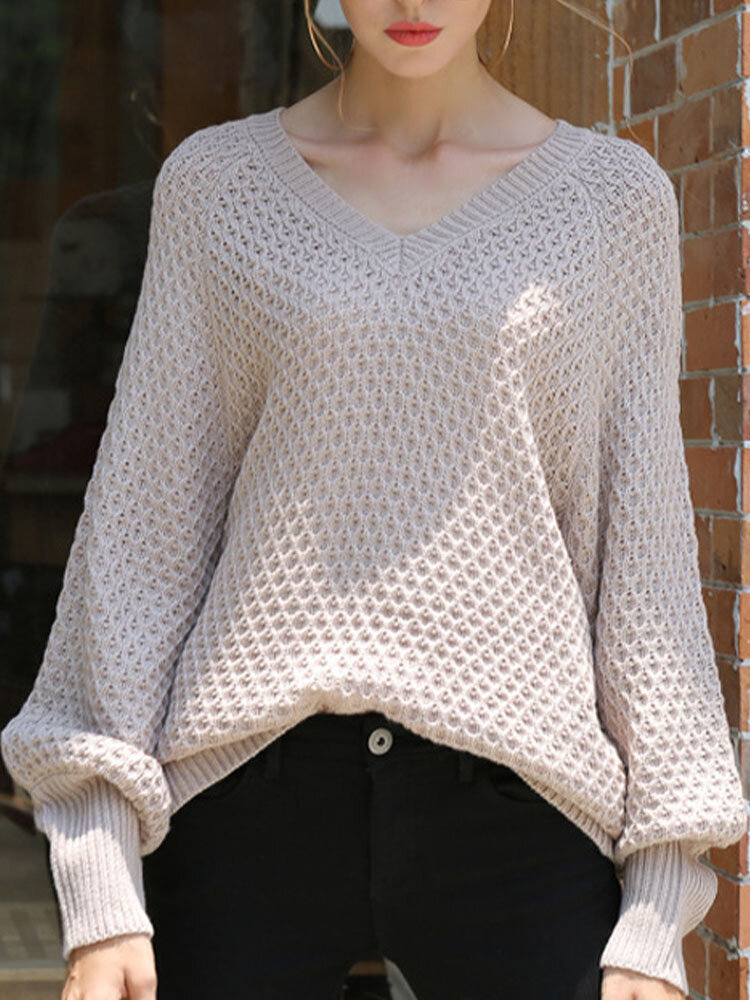 Solid Knit Loose V-neck Long Sleeve Pullover Sweater