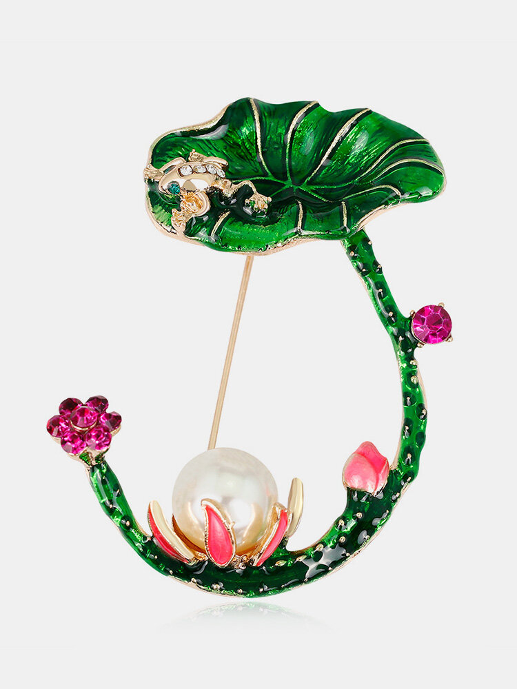

Elegant Lotus Flower Womens Brooches Pearl Rhinestone Enamel Pins Wedding Engagement Jewelry, As picture