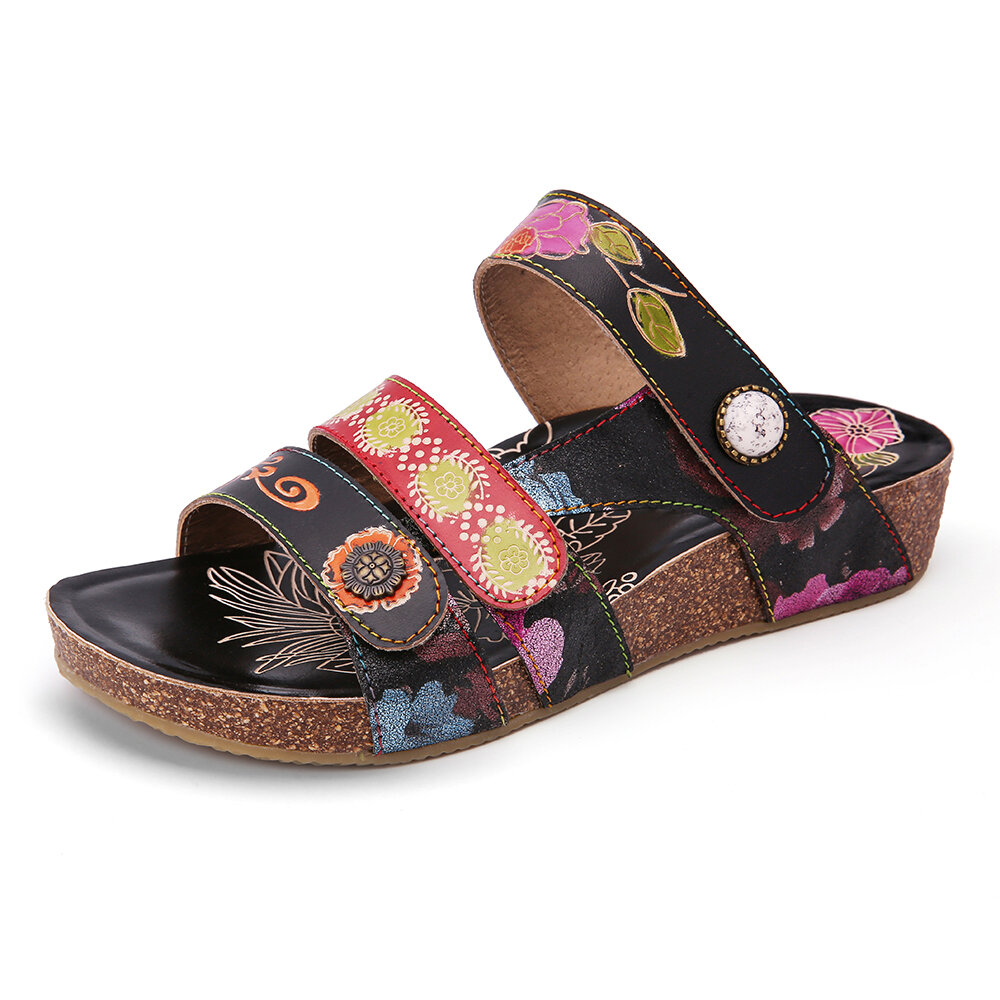 Painted Embossed Floral Sanjo Hook Loop Designed Wedge Heel Sandals 