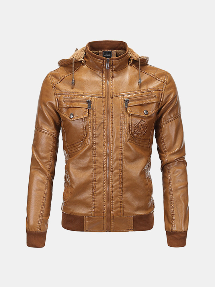 Vintage Moto Leather Jacket Fleece Detachable Hooded Multi Pocket Jacket for Men 