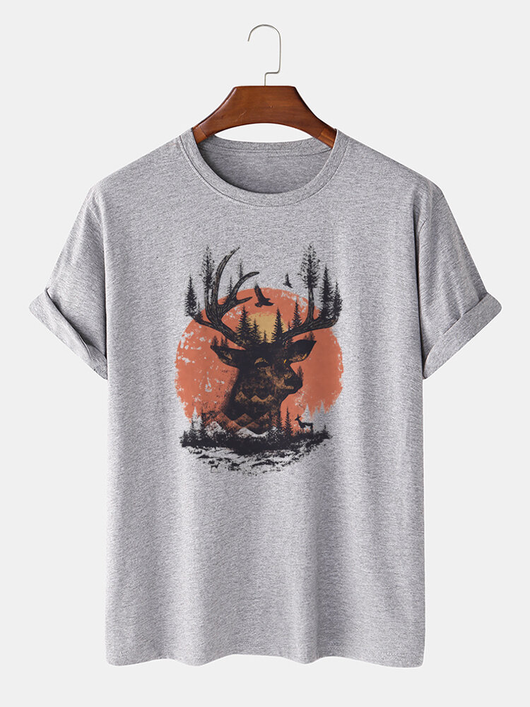 Mens Deer Graphics Short Sleeve Crew Neck 100% Cotton Casual T-Shirt