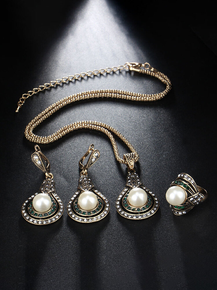 3 Pcs Vintage Gourd-Shape Women Jewelry Set Pearl Crystal Adjustable Necklace Ring Earrings Kit