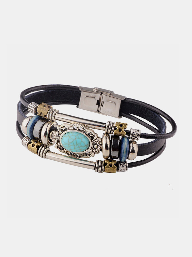 Vintage Multilayer Bracelets Blue Oval Irregular Geometric Leather Bracelet Ethnic Jewelry for Men
