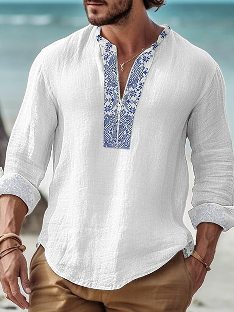 Camisas masculinas com estampa floral meio zíper 100% algodão Henley
