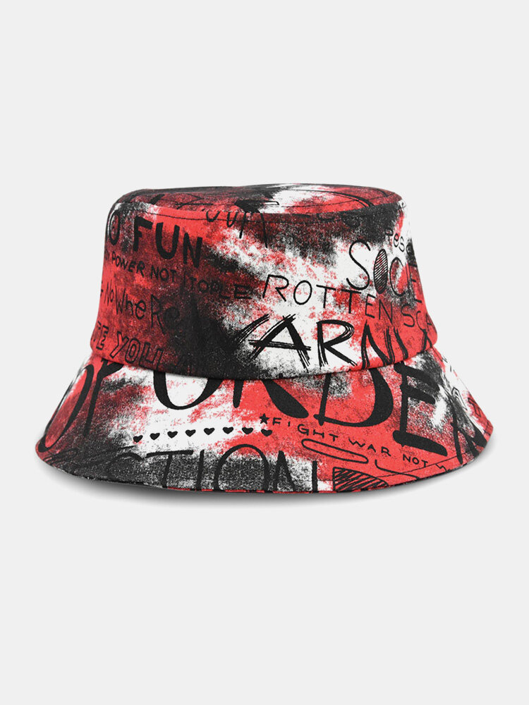 Unisex Cotton Tie-dye Letter Graffiti Printing Big Brim Sunshade Bucket Hat