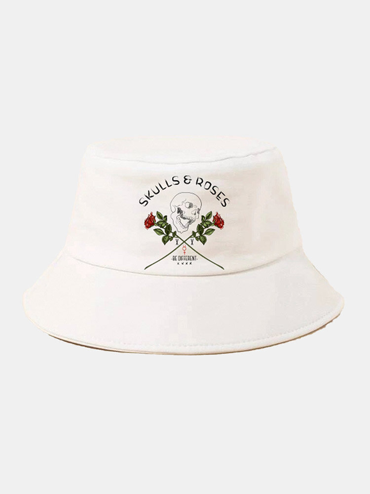 Unisex Cotton Letters Skull Rose Print Fashion Sun Protection Bucket Hat