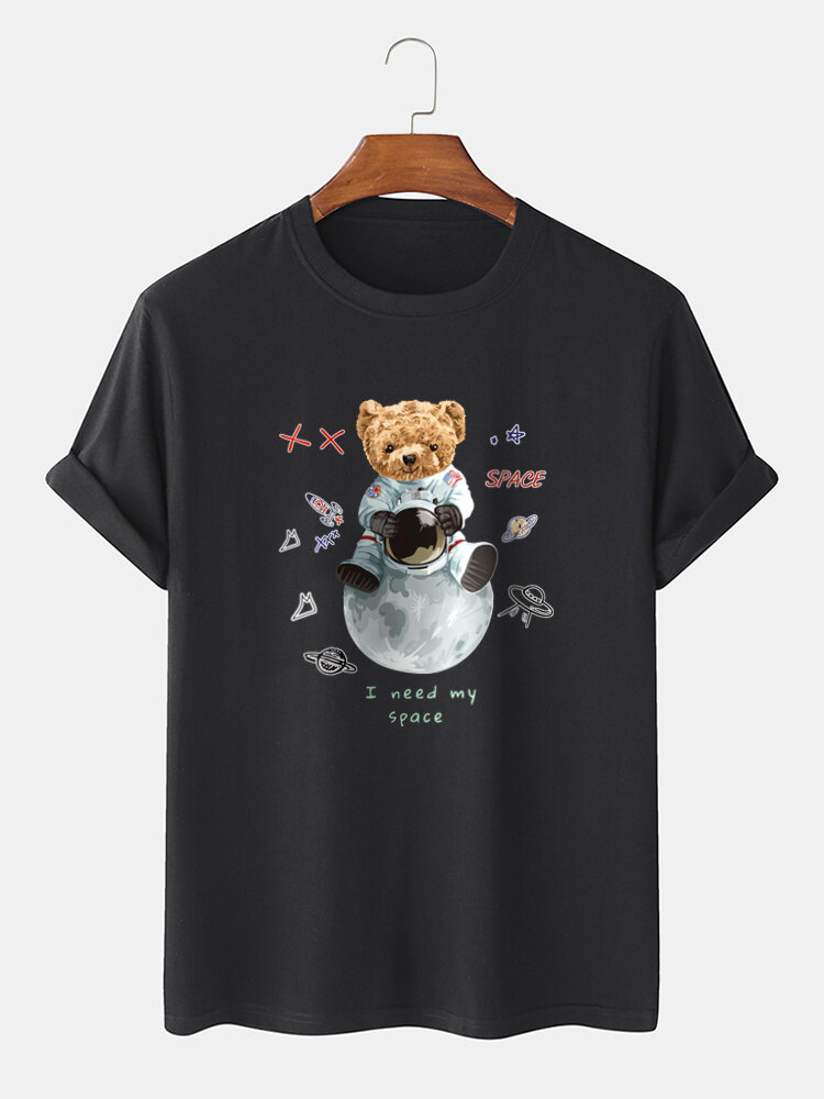 Mens Cartoon Astronaut Bear Print 100% Cotton Casual Short Sleeve T-Shirt