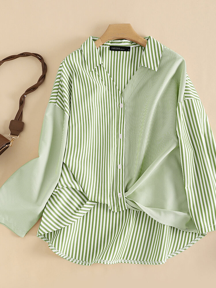 Stripe Print Long Sleeve Button Front Twisted Lapel Blouse