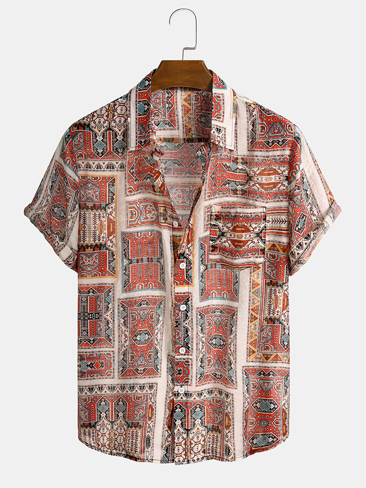 Mens Ethnic Geometric Pattern Button Up Short Sleeve Shirts