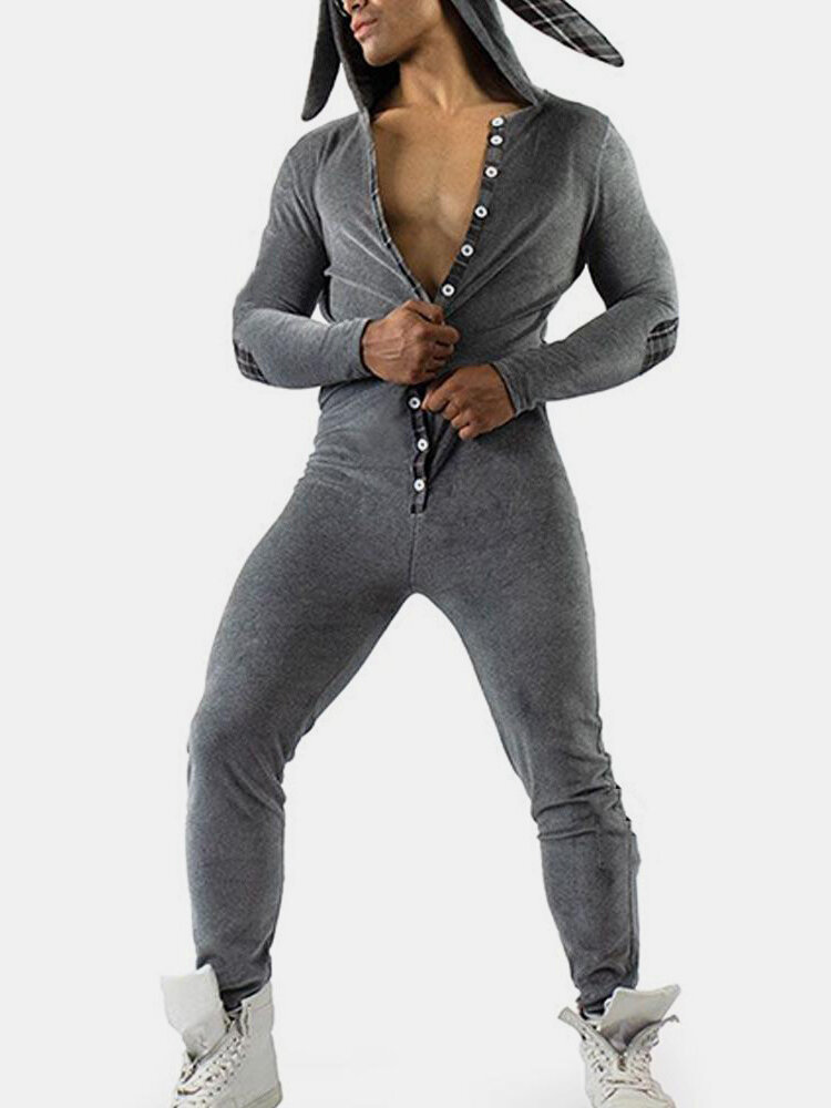 

Mens Splicing Plaid Cute Hooded Jumpsuit Onesies Patched Design Comfy Loungewear, Pink;dark grey;grey