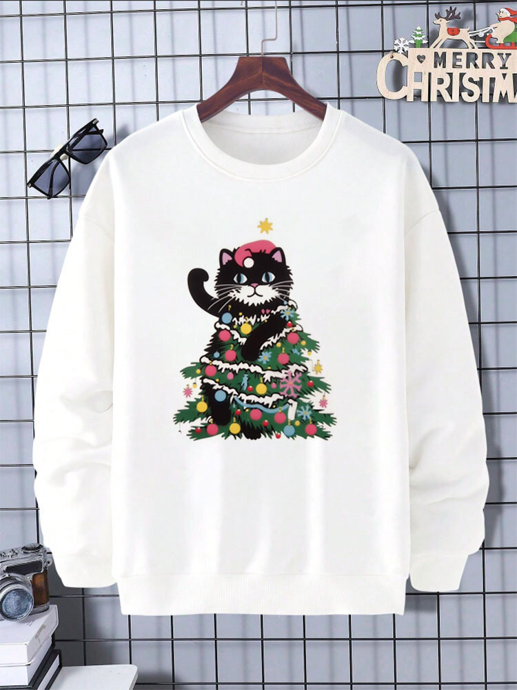 ChArmkpR Mens Christmas Cat Print Crew Neck Casual Pullover Sweatshirts Winter