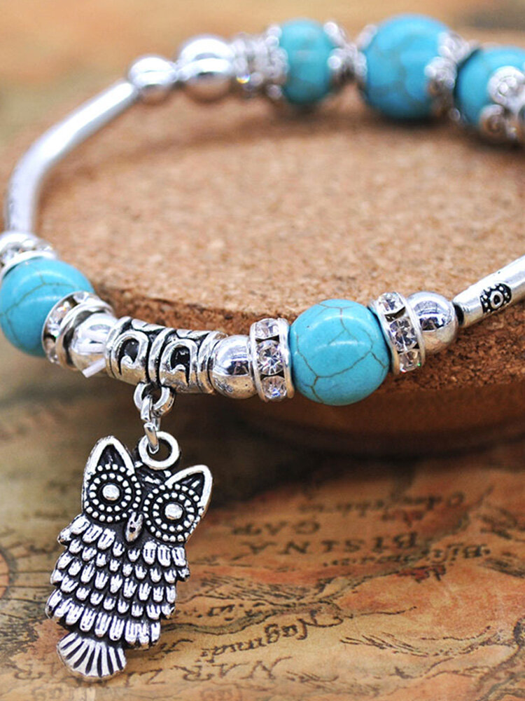 

Turquoise Mount Beaded Bracelets Metal Carving Single Circle Owl Charms Women Bangle, Blue;beige
