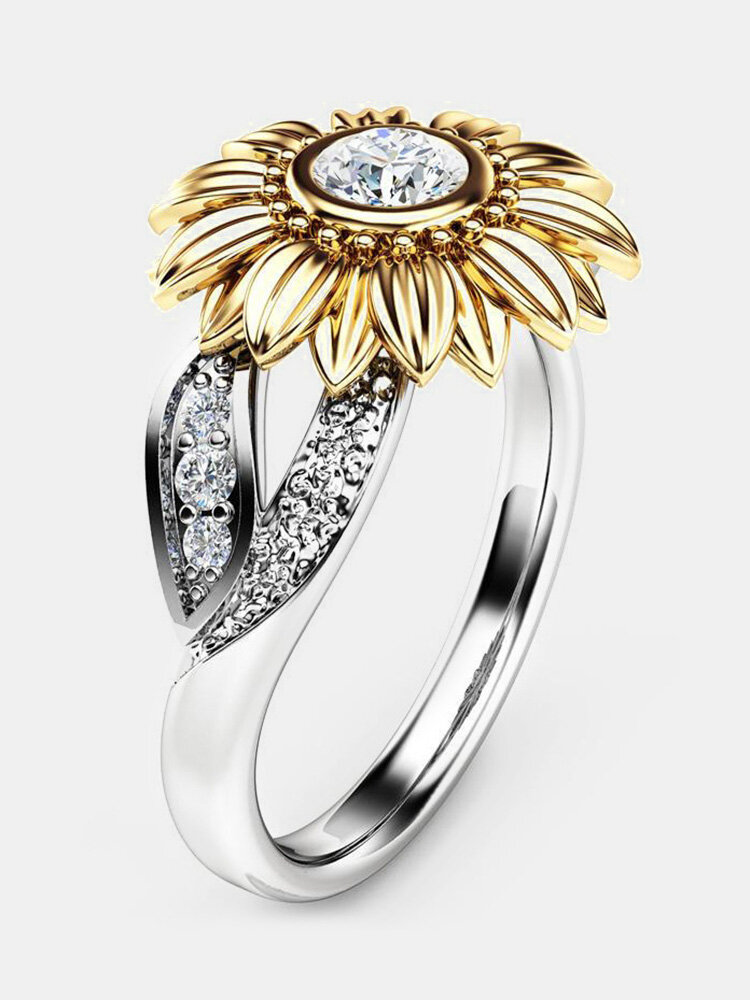 Elegant Zircon Inlaid Gold Sunflower Leaf Hollow Platinum Ring Gift for Girl Women