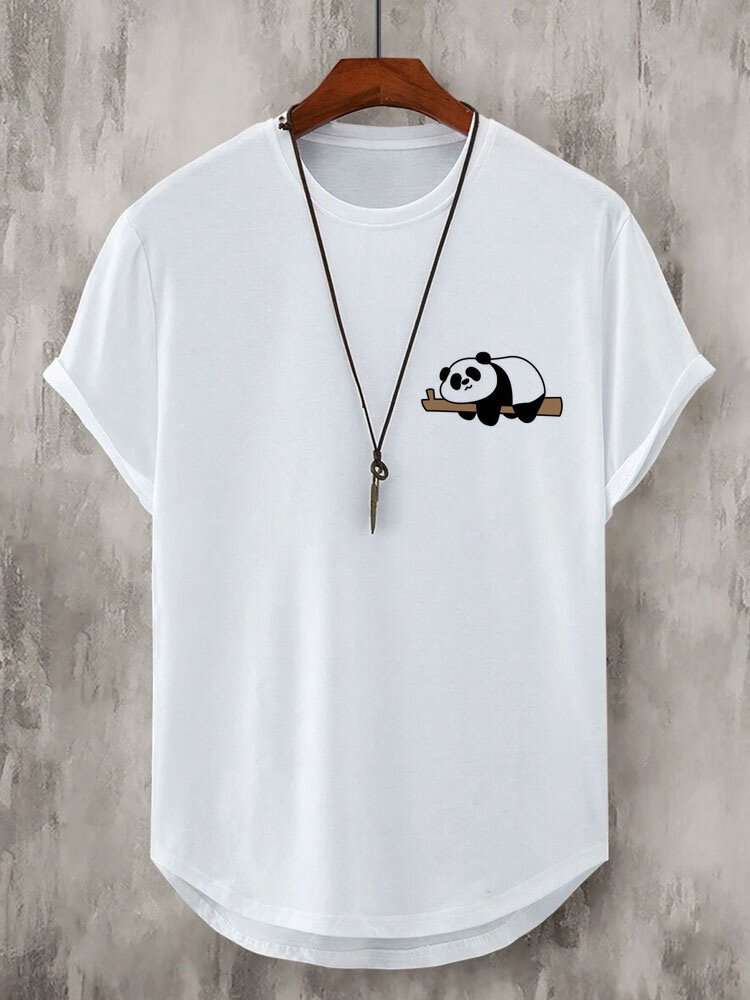Mens Cartoon Panda Print Curved Hem Casual Short Sleeve T-Shirts Winter