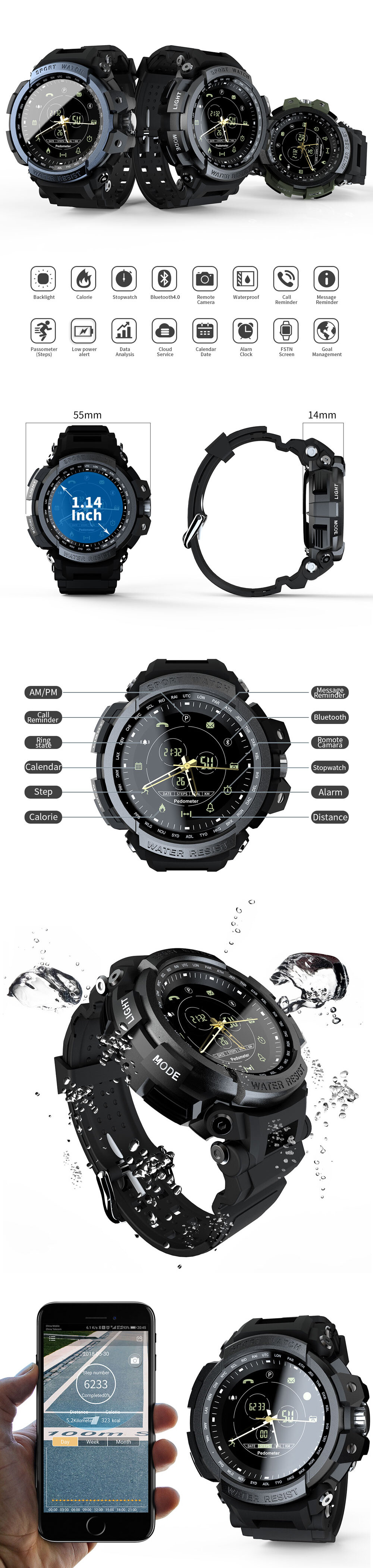 IP68 Waterproof Smart Watch Remote Camera Stopwatch Goal Management Fitness Sports Bracelet