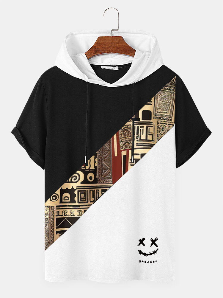Mens Smile Geometric Pattern Patchwork Short Sleeve Hooded T-Shirts