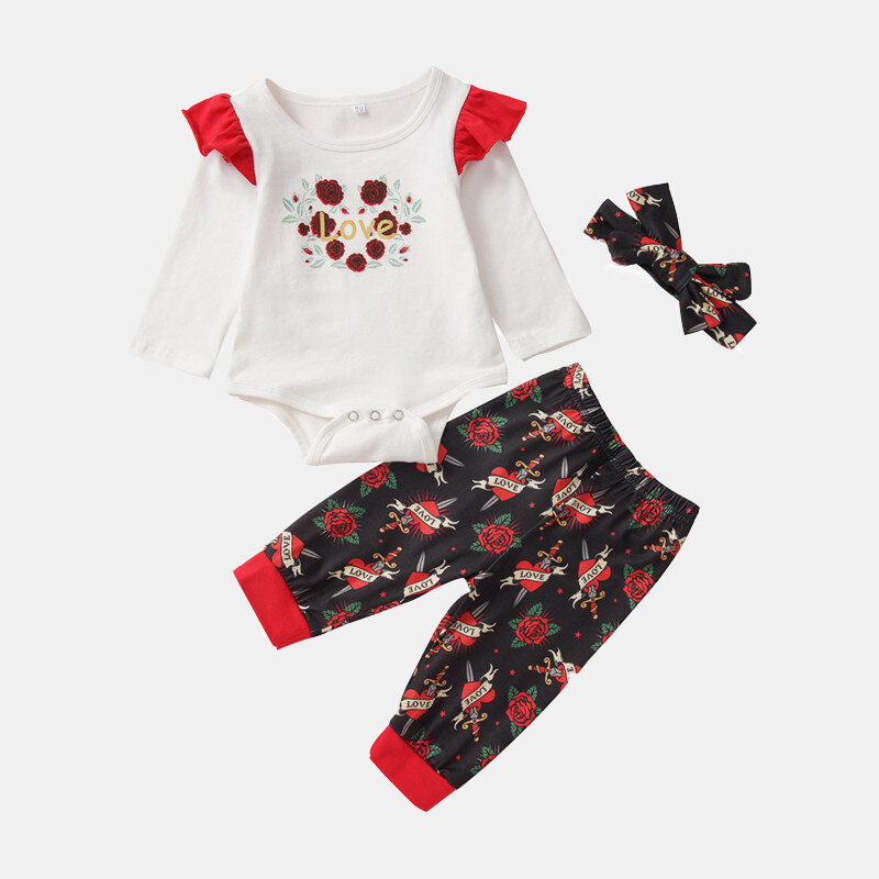3Pcs Baby Flower Flying Sleeves Tops+Pants Casual Clothing Set For 0-24M
