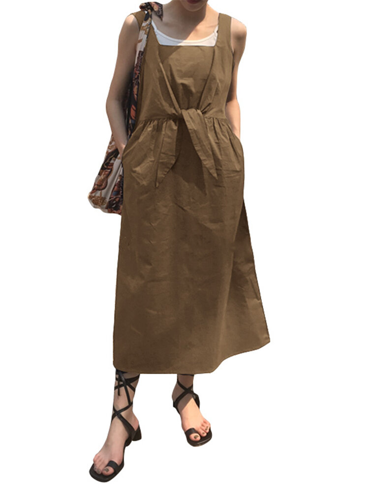 

Casual Knot Front Sleeveless Plus Size Dress with Pockets, Navy;khaki