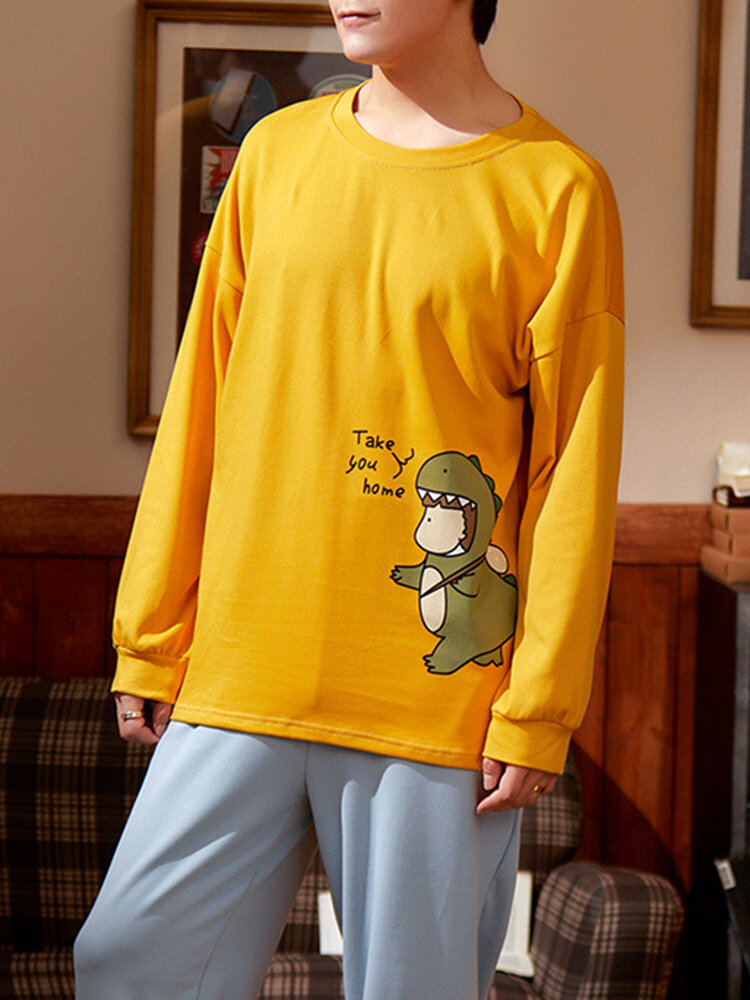 Cute Dinosaur Boy Print Long Sleeve Jogger Pants Casual Pajamas Sets Cotton Homewear For Men