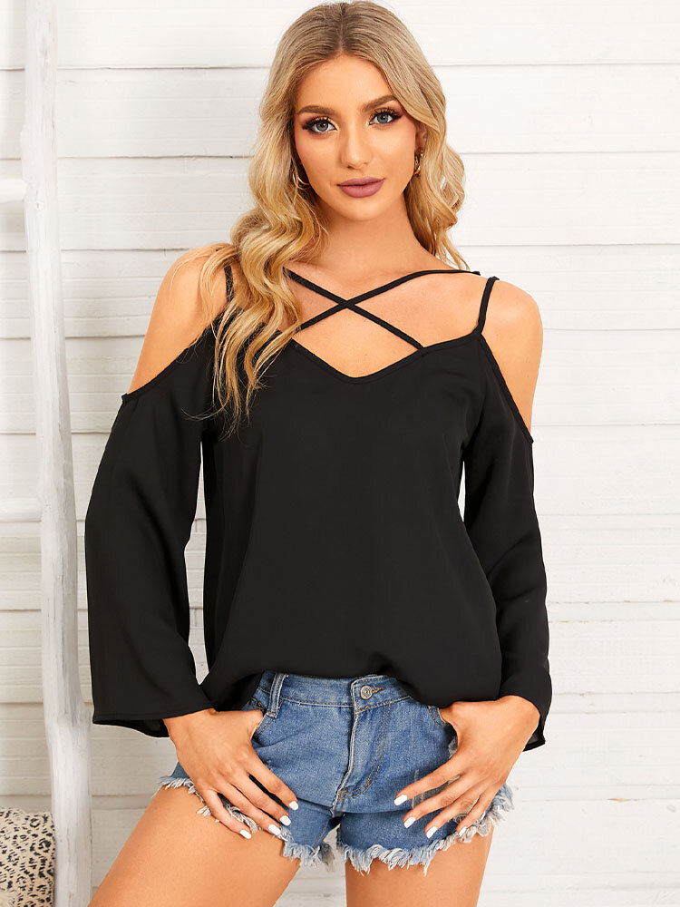 Solid Backless Criss-cross Adjustable Strap Bell Sleeve Blouse