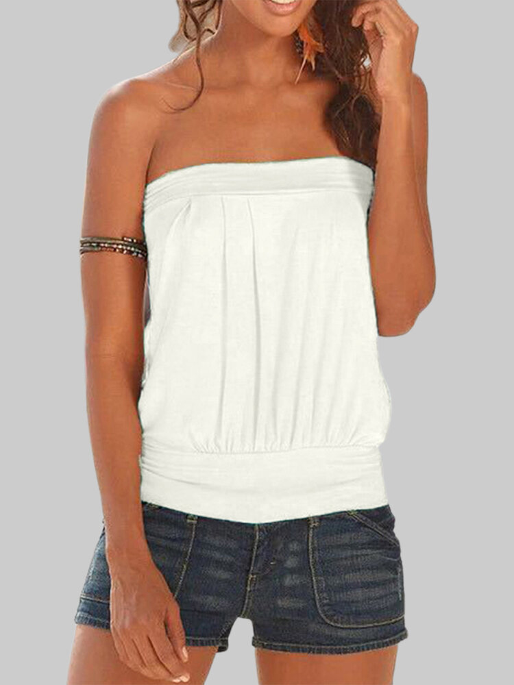 Solid Color Sleeveless Strapless Pleated Tank Top