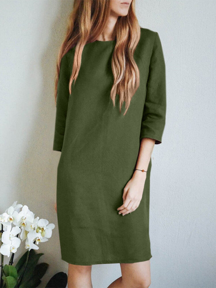 Women Solid Crew Neck Cotton Casual 3/4 Sleeve Dress