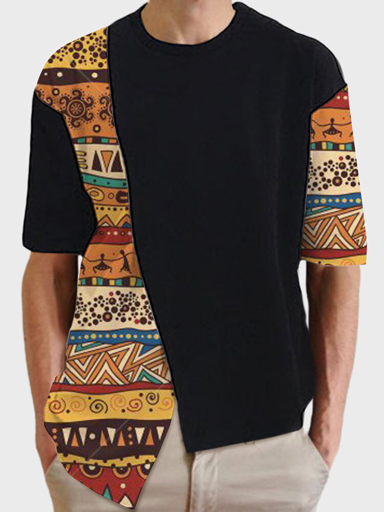 

Mens Ethnic Pattern Patchwork Irregular Hem Short Sleeve T-Shirts Winter, Black