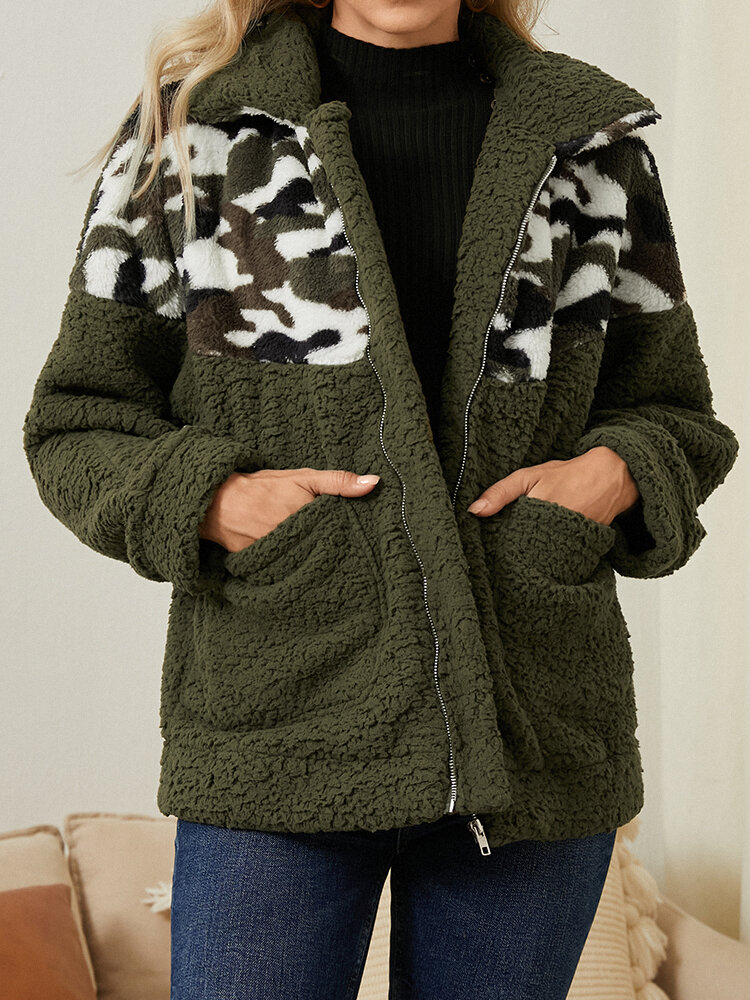 

Leopard Stitch Zip Front Pocket Long Sleeve Teddy Coat, White;black;camel;army green