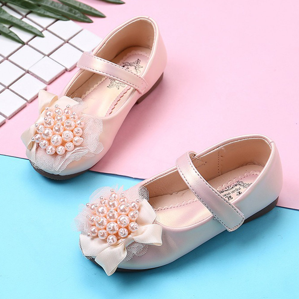 Girls Pearl Floral Pattern Solid Color Hook Loop Mary Jane Shoes