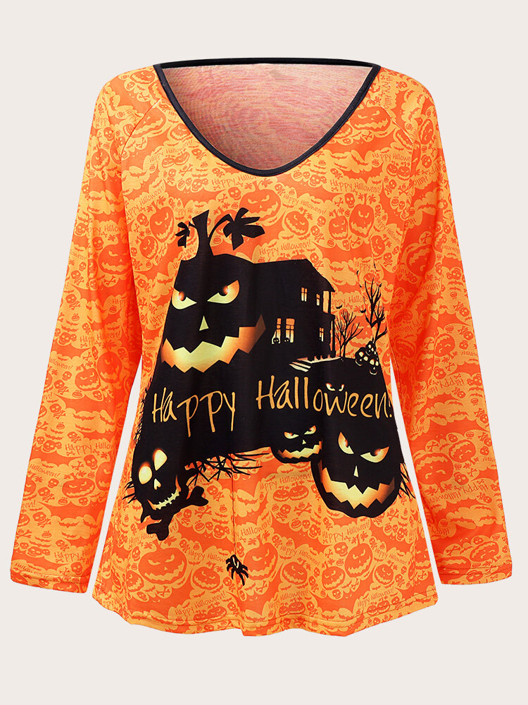 Plus Size Pumpkin Print Halloween Funny V-neck T-shirt