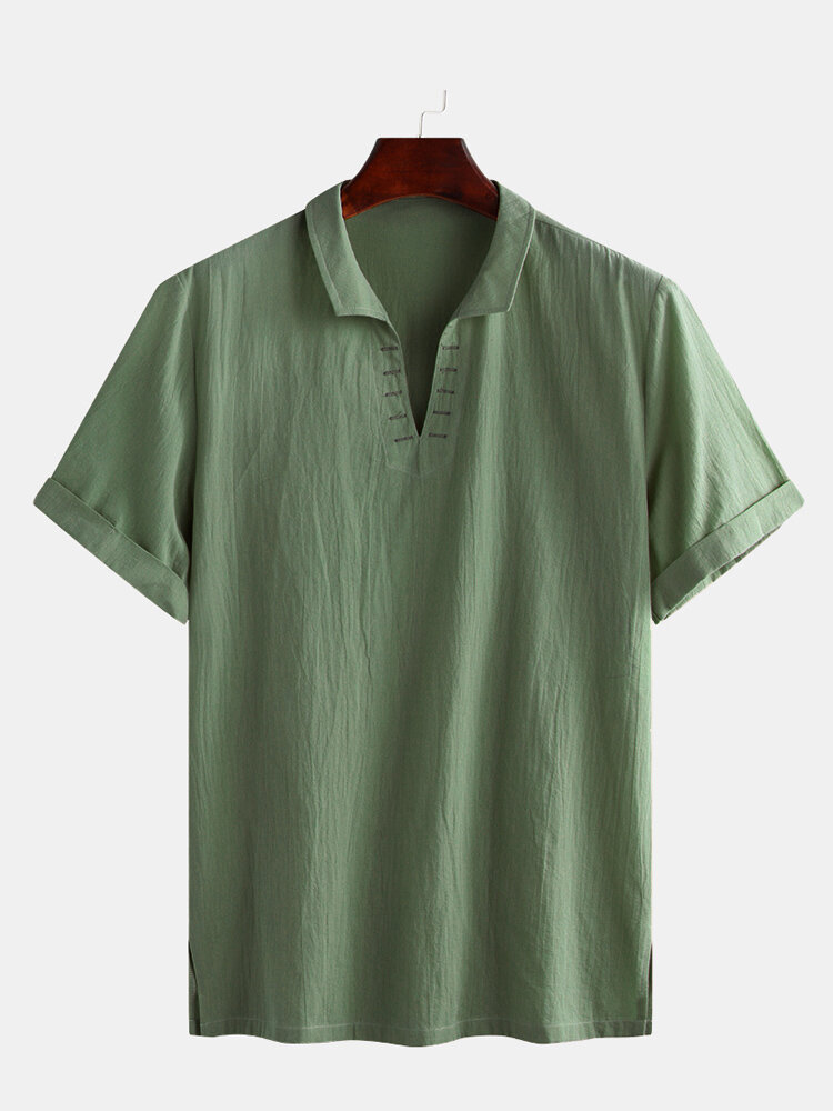 Mens Cotton Ethnic V-Neck Short Sleeve Casual T-Shirt