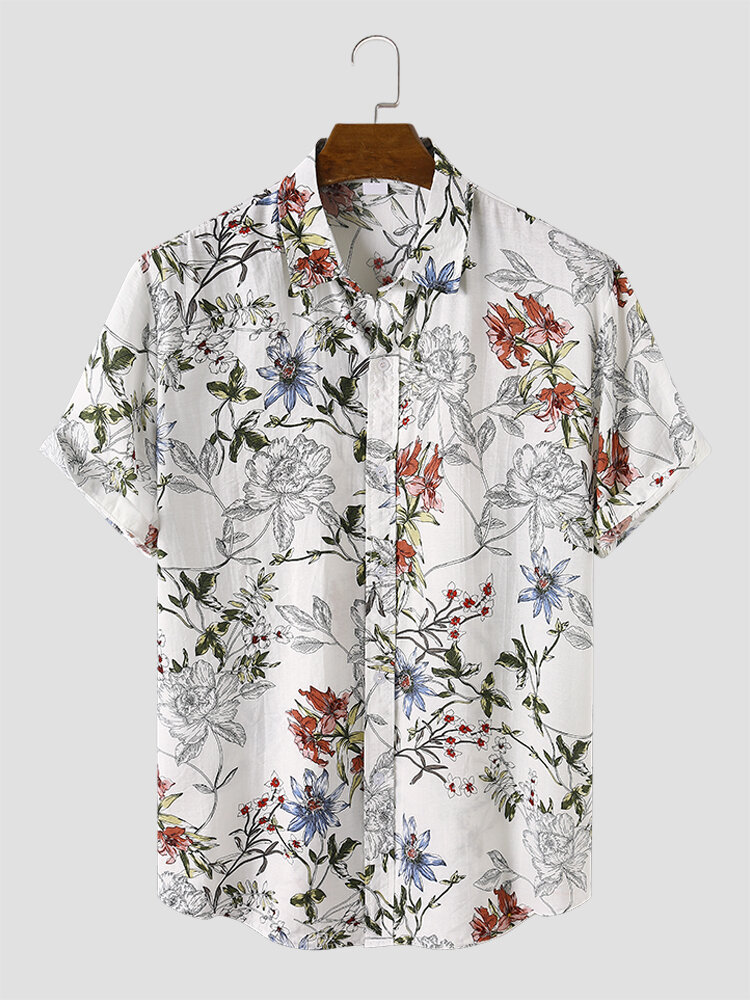 Mens All Over Floral Print Lapel Vacation Short Sleeve Shirts