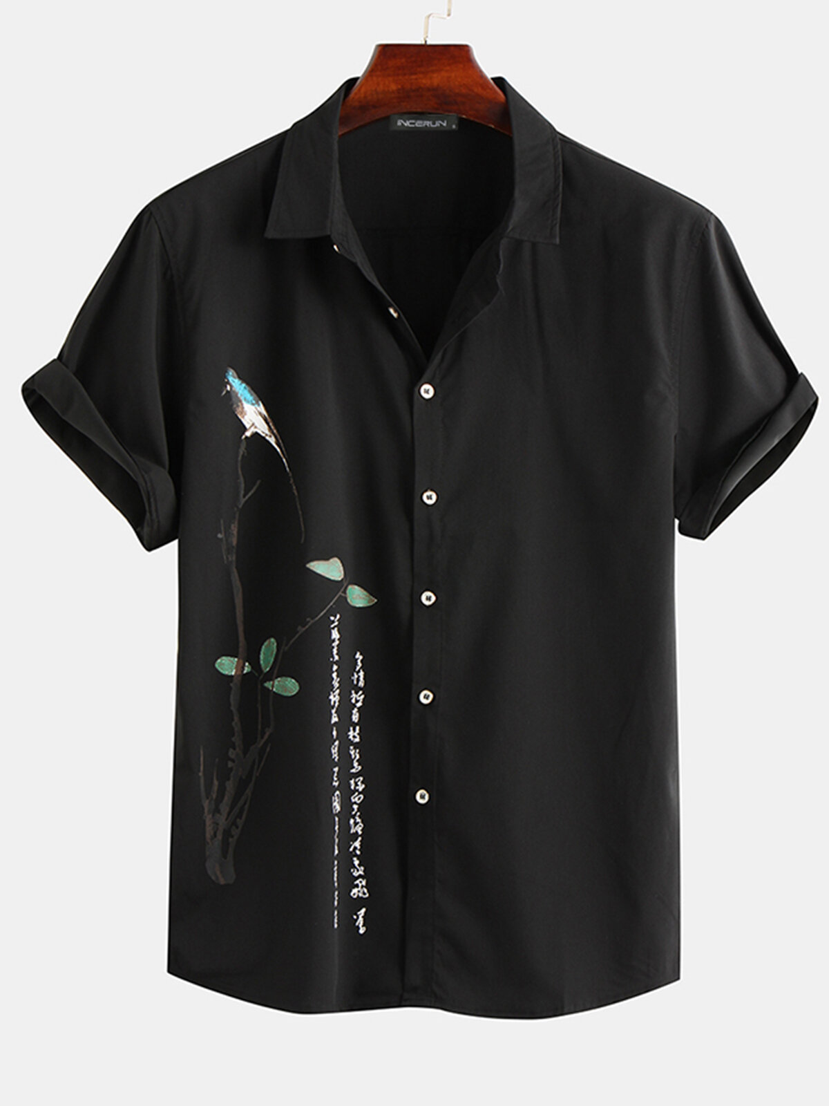 Mens Bird Tree Print Short Sleeve Lapel Shirt