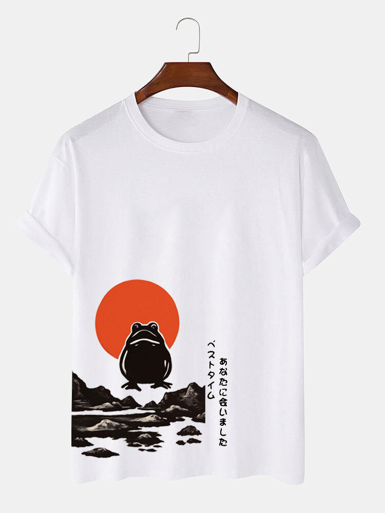 

Mens Japanese Frog Landscape Print Crew Neck Short Sleeve T-Shirts, White